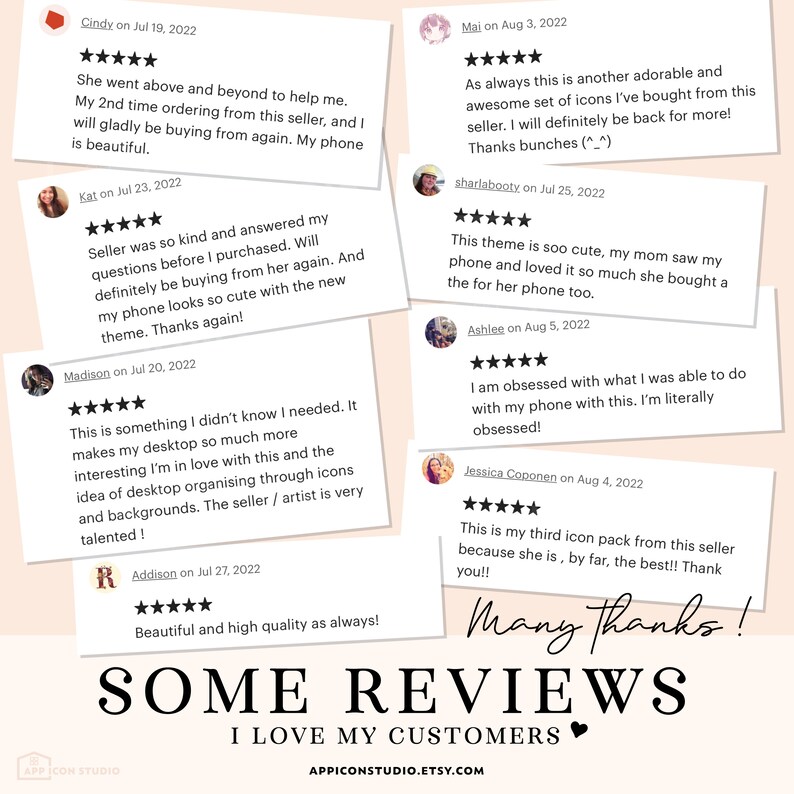 Pu&ograve; includere: Un collage di recensioni dei clienti per un prodotto digitale, come icone per il telefono o temi per il desktop. Le recensioni sono positive e mettono in evidenza la qualit&agrave; e la creativit&agrave; del prodotto. Il testo include frasi come "oltre le aspettative", "cos&igrave; carino", "ossessionato" e "alta qualit&agrave;".