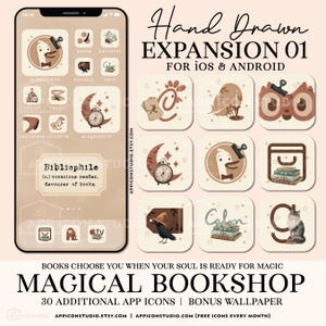May include: Digital art graphic of app icons with a magical bookshop theme. The icons are in shades of brown and beige, with illustrations of a clock, owl, and raven. The text reads "Hand Drawn EXPANSION 01" and "MAGICAL BOOKSHOP".