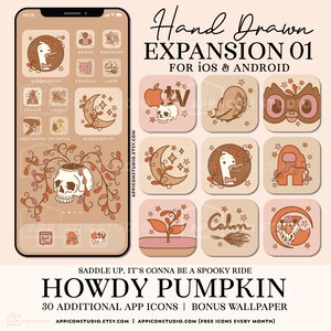 May include: A set of 30 hand-drawn app icons in a spooky Halloween theme. The icons are in a brown, orange, and pink color scheme and feature various spooky and autumnal designs, including a skull, a ghost, a pumpkin, and a witch's hat. The text "Howdy Pumpkin" is displayed at the bottom of the image.