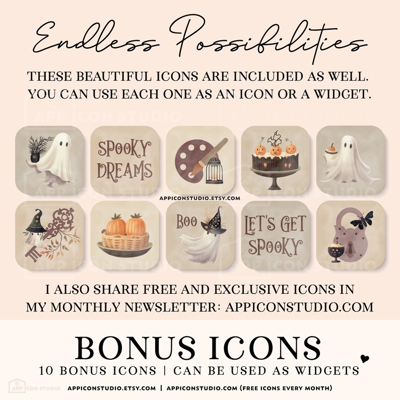 Cute Halloween Aesthetic App Icon Bundle with little ghosts, including Icons, Widgets, Wallpapers and Installation Guides for iOS and Android. A lovely Watercolor Texture makes these app icons and wallpapers unique and special.