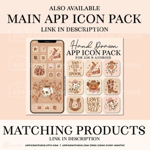 Peut inclure: Un &eacute;cran de t&eacute;l&eacute;phone affichant un ensemble d'ic&ocirc;nes d'applications dessin&eacute;es &agrave; la main dans une palette de couleurs automnales. Les ic&ocirc;nes pr&eacute;sentent une vari&eacute;t&eacute; de motifs, notamment des citrouilles, des cr&acirc;nes, des bottes de cow-boy et un fer &agrave; cheval. Le texte "Hand Drawn App Icon Pack" et "Too Cute To Spook" est visible sur l'&eacute;cran.