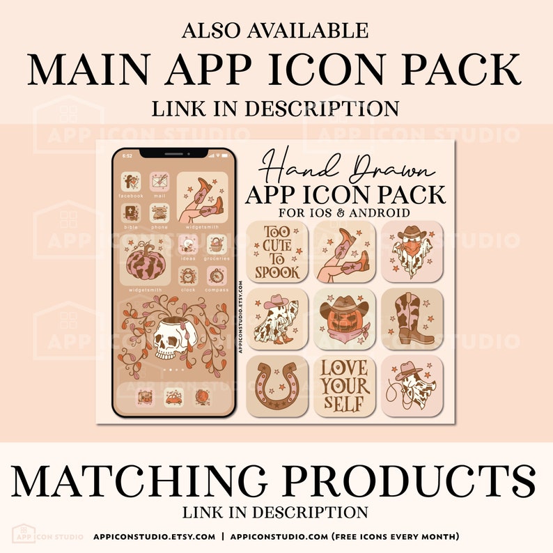Peut inclure: Un &eacute;cran de t&eacute;l&eacute;phone affichant un ensemble d'ic&ocirc;nes d'applications dessin&eacute;es &agrave; la main dans une palette de couleurs automnales. Les ic&ocirc;nes pr&eacute;sentent une vari&eacute;t&eacute; de motifs, notamment des citrouilles, des cr&acirc;nes, des bottes de cow-boy et un fer &agrave; cheval. Le texte "Hand Drawn App Icon Pack" et "Too Cute To Spook" est visible sur l'&eacute;cran.