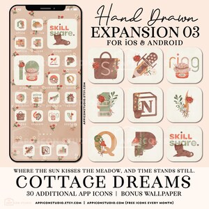 Puede incluir: Una pantalla de teléfono que muestra iconos de aplicaciones con una estética cottagecore. Los iconos son en tonos marrones, beige y rosa, con diseños florales e inspirados en la naturaleza. El texto de la imagen dice "Hand Drawn EXPANSION 03" y "COTTAGE DREAMS".