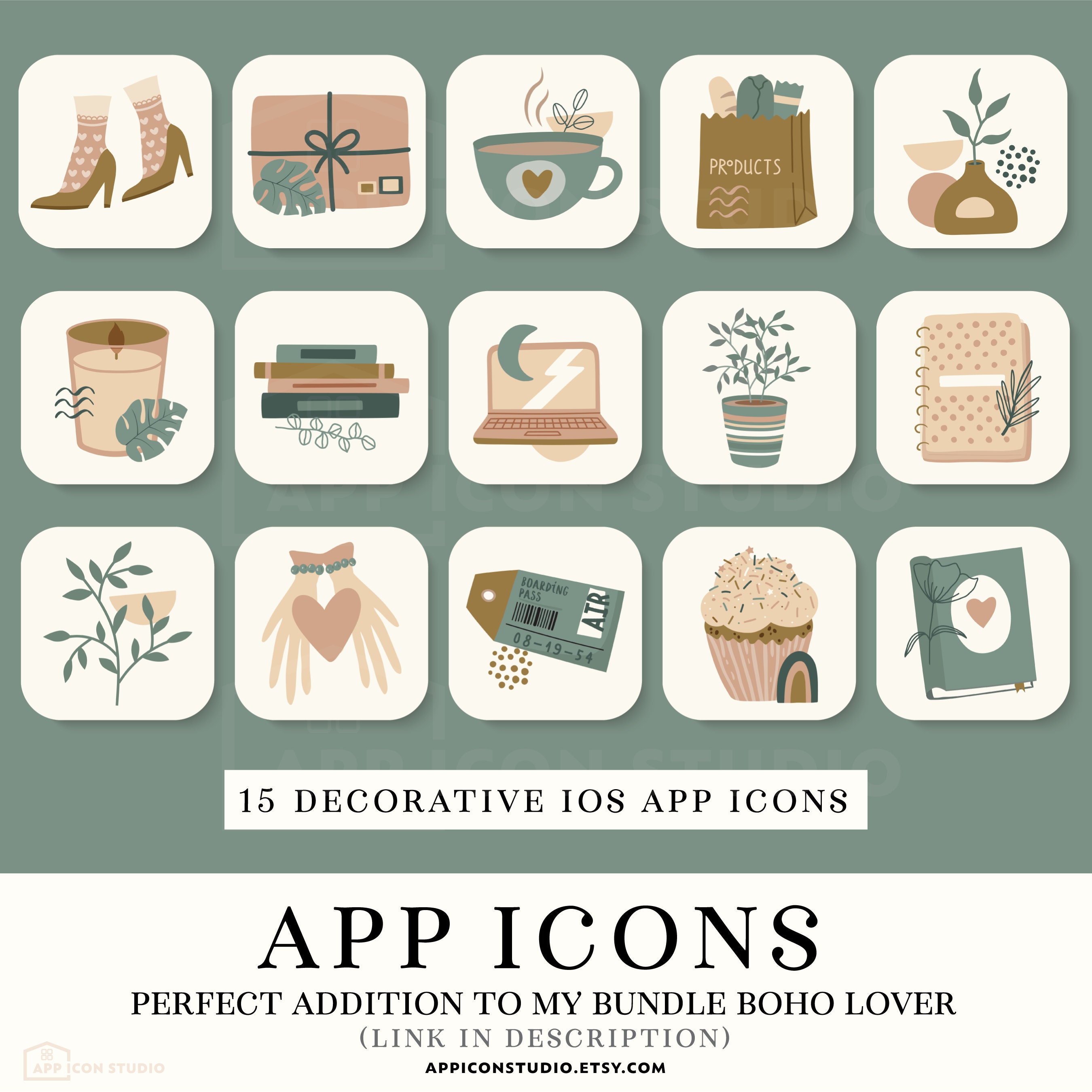 Art & Collectibles 50 Sage Green iOS 14 App Icons Aesthetic Icon Bundle