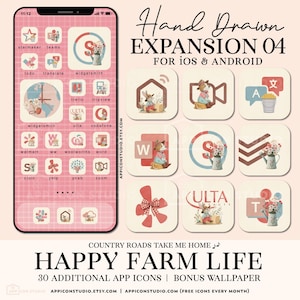 May include: A set of 30 hand-drawn app icons with a farm theme. The icons are in a pastel colour palette with floral accents. The icons are designed for iOS and Android devices. The text "COUNTRY ROADS TAKE ME HOME" and "HAPPY FARM LIFE" are at the bottom of the image.