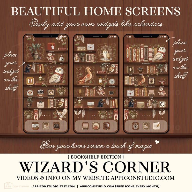 Wizardcore Aesthetic App Icon Pack – Magical Bookshelf Home Screen ...