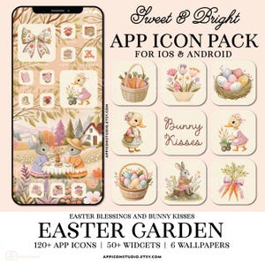 May include: A digital app icon pack titled Sweet & Bright Easter Garden featuring 120+ icons, 50+ widgets, and 6 wallpapers. The graphics display pastel-colored illustrations of bunnies, ducklings, Easter eggs, carrots, and flowers on a light background.