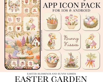 May include: A digital app icon pack titled Sweet & Bright Easter Garden featuring 120+ icons, 50+ widgets, and 6 wallpapers. The graphics display pastel-colored illustrations of bunnies, ducklings, Easter eggs, carrots, and flowers on a light background.