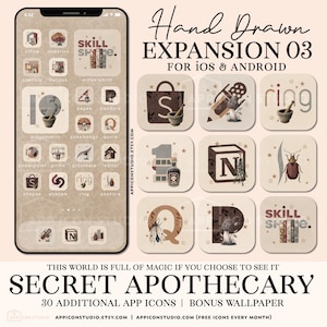 Könnte beinhalten: Ein Handy-Bildschirm mit handgezeichneten App-Symbolen zum Thema Apotheke und Magie. Das Bild enthält den Text "Hand Drawn EXPANSION 03 FOR iOS & ANDROID" und "SECRET APOTHECARY". Zusätzliche App-Symbole und ein Bonus-Hintergrundbild sind ebenfalls enthalten.