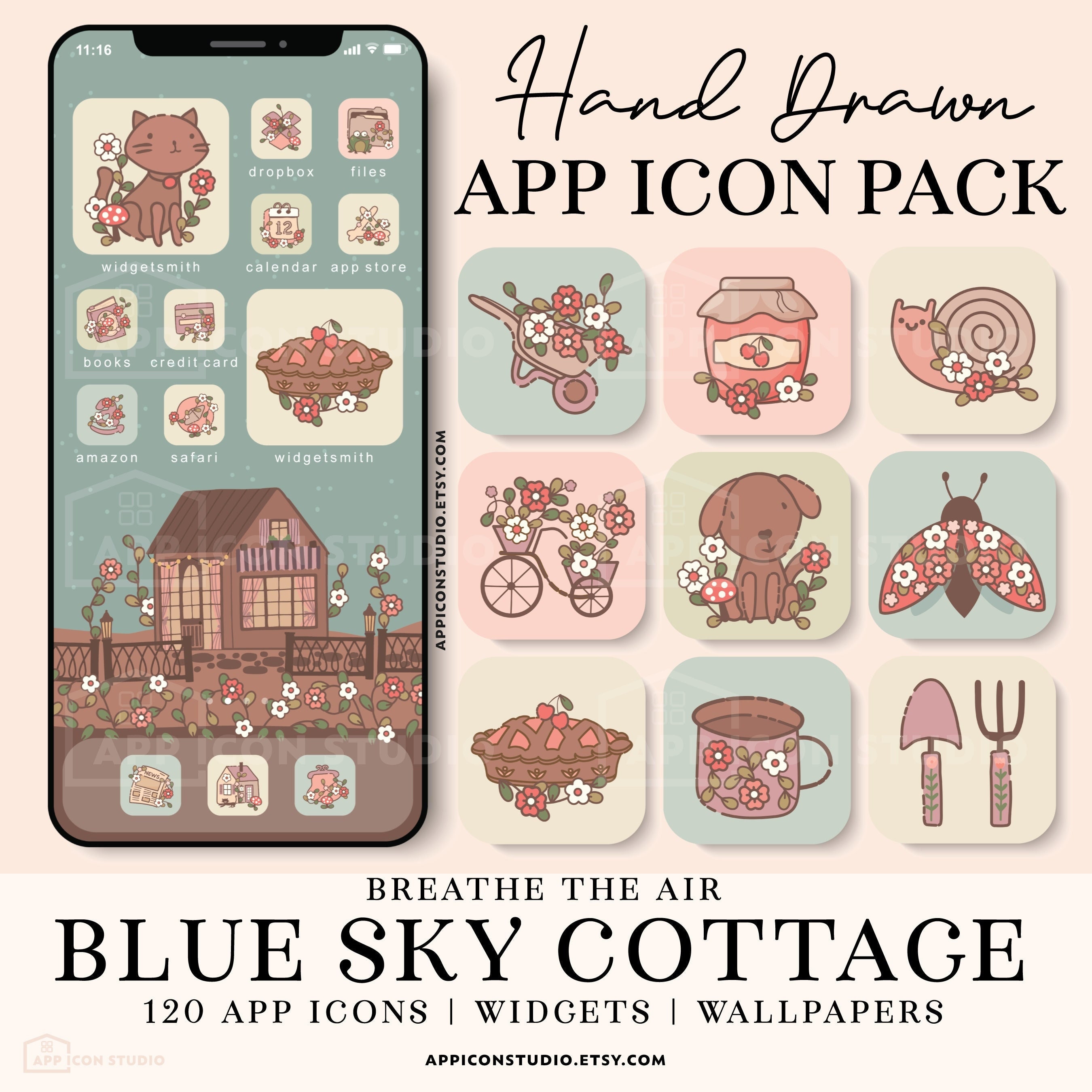 Custom App Icon Cottagecore iOS Icons iPhone Android App Icons Cute Floral Pink and Blue Cottage Wallpapers and Widgets Phone Theme, 220413