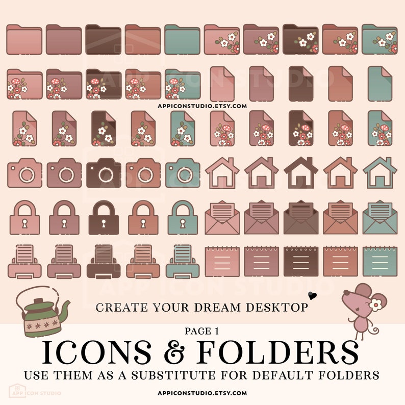 May include: A set of digital icons and folders featuring a floral design in shades of pink, brown, and teal. The icons include a camera, house, lock, envelope, printer, and a teapot. The text "CREATE YOUR DREAM DESKTOP" and "PAGE 1 ICONS & FOLDERS USE THEM AS A SUBSTITUTE FOR DEFAULT FOLDERS" is also included.