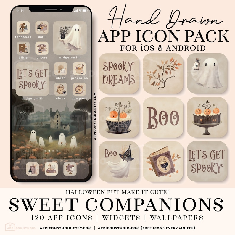 K&ouml;nnte beinhalten: Digitales Kunstbild mit einem Halloween-App-Icon-Paket f&uuml;r iOS und Android. Das Design zeigt ein Telefon mit benutzerdefinierten Icons und Widgets sowie einzelne Icons mit gruseligen Illustrationen und Texten wie "Spooky Dreams" und "Boo".