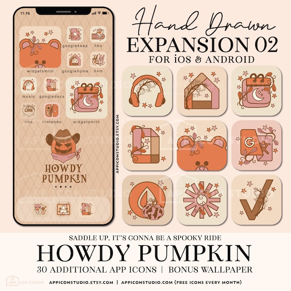 App Icons for iOS 14 Halloween Aesthetic iPhone and Android Theme Cute Western Ghost Boot Scootin Spooky Howdy Pumpkin Wild West, 240903e2