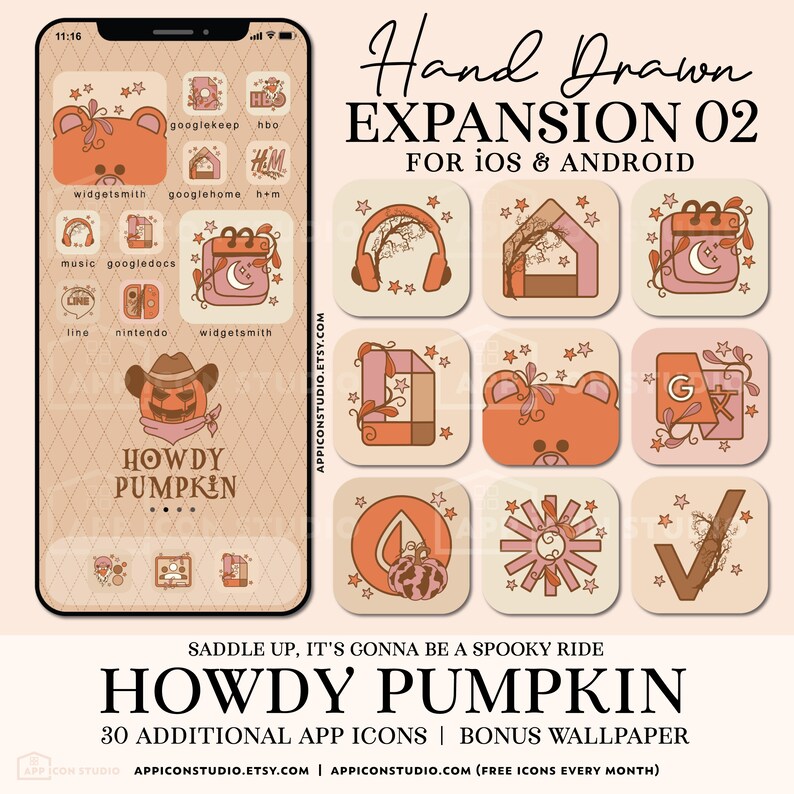 Peut inclure: Un &eacute;cran de t&eacute;l&eacute;phone num&eacute;rique affichant une collection de 30 ic&ocirc;nes d'applications dessin&eacute;es &agrave; la main sur le th&egrave;me de l'automne. Les ic&ocirc;nes sont dispos&eacute;es en grille et pr&eacute;sentent une vari&eacute;t&eacute; de couleurs, notamment l'orange, le brun et le rose. Les ic&ocirc;nes sont entour&eacute;es d'un fond brun clair avec des &eacute;toiles blanches. Le texte "Howdy Pumpkin" est affich&eacute; en bas de l'&eacute;cran.