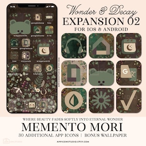 May include: A digital app icon set titled Wonder & Decay Expansion 02 for iOS and Android, featuring dark green and brown botanical themes with mushrooms and ivy. Includes 30 app icons and a bonus wallpaper with Memento Mori text.