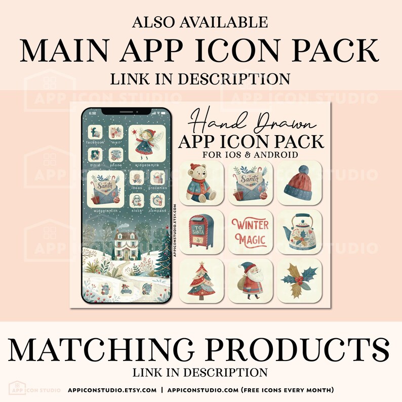 Christmas Wallpaper Phone Custom App Cover Apple iPhone Download App Icons Aesthetic iOS Icon Set Classic Holiday Theme Beige Blue Snow Home Screen Winter Background Mobile Device, by App Icon Studio, by AppIconStudio