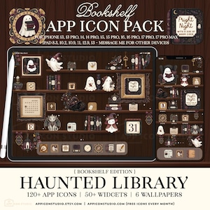 May include: A digital app icon pack titled Bookshelf App Icon Pack featuring a haunted library theme with ghosts, books, and dark wood shelves. Includes over 120 icons, 50 widgets, and 6 wallpapers for iPhone and iPad devices with a dark aesthetic.
