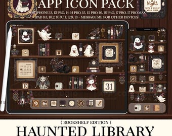 Paquete de iconos de biblioteca embrujada para iPhone y iPad, estantería gótica con temática de Halloween, widgets y fondos de pantalla Poetcore, guarda en ambos dispositivos, 260901bkb