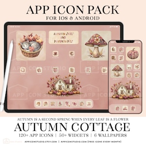 Può includere: Un'illustrazione digitale di un cottage autunnale circondato da zucche e foglie autunnali. L'illustrazione è utilizzata come tema per un set di oltre 120 icone di app, oltre 50 widget e 6 sfondi per dispositivi iOS e Android. Il testo "Cielo autunnale e torte di zucca" è presente nell'immagine.