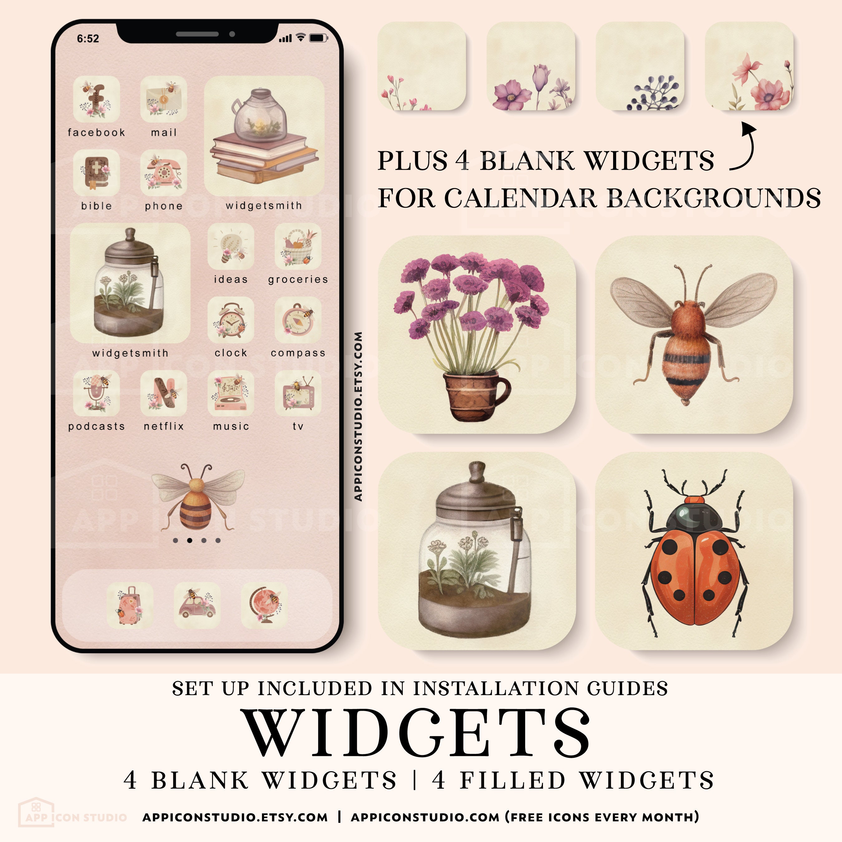 Summer Aesthetic iPhone Watercolor App Icons With Bees and Flowers, Ios ...