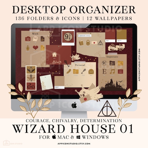 Functional Mac Wallpaper, Mac Folder Icon Bundle Wizard Desktop Wallpaper Organization, Windows PC Desktop Icons iMac MacBook, 220805c