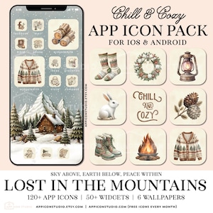 Iconos de aplicaciones navideñas para iPhone iOS 26 Paquete estético de cabaña invernal acogedora, fondos de pantalla de nieve y widgets para la pantalla de inicio, 241105