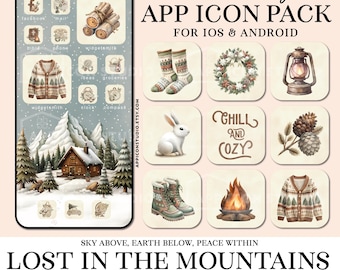 Icone natalizie per app iPhone iOS 26 Pacchetto estetico accogliente per baita invernale, sfondi neve e widget per la schermata iniziale, 241105