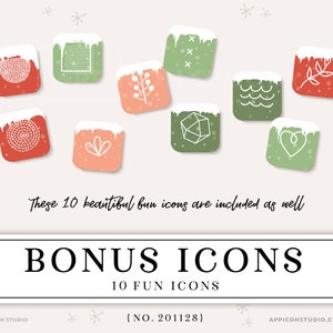 Pu&ograve; includere: Un set di 10 icone bonus con una variet&agrave; di design a tema invernale. Le icone sono di forma quadrata con una parte superiore innevata e sono in tonalit&agrave; di rosso, verde e rosa. Il testo "BONUS ICONS" e "10 FUN ICONS" &egrave; visualizzato in testo nero su sfondo bianco. Il testo "{NO. 201128}" &egrave; visualizzato in testo nero su sfondo bianco.