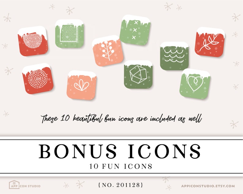 Pu&ograve; includere: Un set di 10 icone bonus con una variet&agrave; di design a tema invernale. Le icone sono di forma quadrata con una parte superiore innevata e sono in tonalit&agrave; di rosso, verde e rosa. Il testo "BONUS ICONS" e "10 FUN ICONS" &egrave; visualizzato in testo nero su sfondo bianco. Il testo "{NO. 201128}" &egrave; visualizzato in testo nero su sfondo bianco.