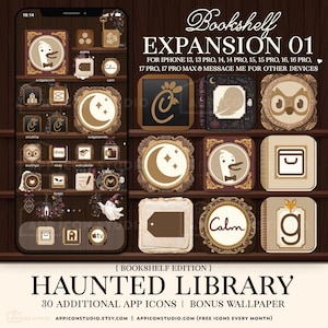 Pode incluir: Um conjunto de ícones de aplicativos digitais intitulado Haunted Library Bookshelf Expansion 01 para modelos de iPhone. O conjunto apresenta ícones em tons de marrom e creme com temas como fantasmas, corujas e luas, exibidos em tela.