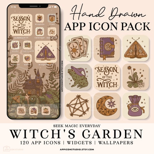 Witch Aesthetic App Icons, Cottagecore iPhone Theme with Widgets & Phone Wallpaper, Hand Drawn Halloween Icon Pack, iOS 27 Android, 221002