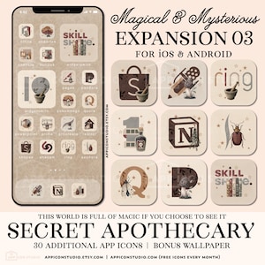 May include: A digital set of app icons titled Magical & Mysterious EXPANSION 03 for iOS & Android, featuring a Secret Apothecary theme with beige backgrounds, brown illustrations of mushrooms, beetles, potion bottles, and books, plus a smartphone display.