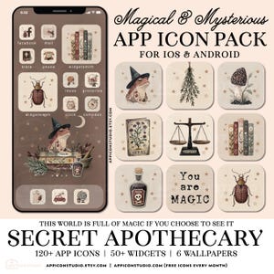 May include: A digital app icon pack featuring a beige and brown colour palette with illustrations of a toad in a witch hat, herbs, books, scales, and potion bottles. The text reads Magical & Mysterious APP ICON PACK and You are MAGIC.