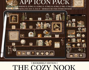 Paquete de iconos de la aplicación Estantería oscura, fondo de estanterías para iPhone, fondo de pantalla de estantería, estética de lectura acogedora, paquete de iconos de libros oscuros para iOS, 251008bkb