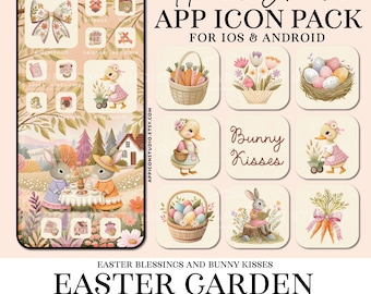 May include: A digital product featuring a hand-drawn Easter Garden app icon pack for iOS and Android. The design includes app icons, widgets, and wallpapers with Easter-themed illustrations of bunnies, ducks, and baskets of eggs and carrots. The text reads "Easter Blessings and Bunny Kisses".
