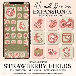 May include: Digital product with a strawberry theme, featuring app icons in pink and green. The phone screen and individual icons are decorated with floral and fruit designs. Text reads "Hand Drawn EXPANSION 01" and "STRAWBERRY FIELDS".