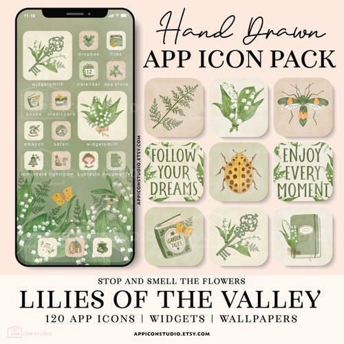 iOS App Icons Green Watercolor iPhone Icons Hand Drawn IOS16 App Icon Bundle iOS14 App Covers Green Theme Spring Aesthetic Flowers, 230324