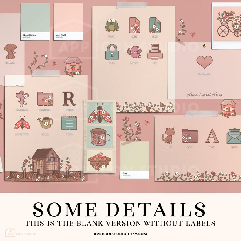 May include: A collection of digital stickers featuring cute illustrations of animals, plants, and objects. The stickers are designed in a pastel color palette with pink, green, and brown accents. The stickers are perfect for adding a touch of whimsy to digital planners, notes, and other digital documents.