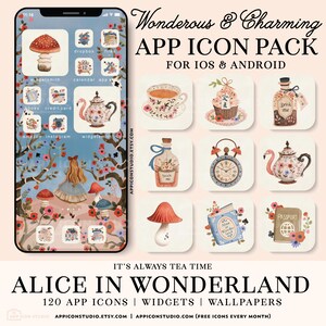 Alice in Wonderland app-pictogrammen iPhone-thema iOS-pictogrammen, achtergronden en widgets voor iPhone en Android-telefoons, iconenpakket in blauw en beige, 240402