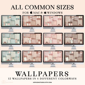 May include: Twelve desktop wallpapers in four different colorways. The wallpapers feature a vintage aesthetic with a collage of images and text. The text reads "ALL COMMON SIZES FOR MAC & WINDOWS WALLPAPERS 12 WALLPAPERS IN 4 DIFFERENT COLORWAYS APPICONSTUDIO.ETSY.COM".
