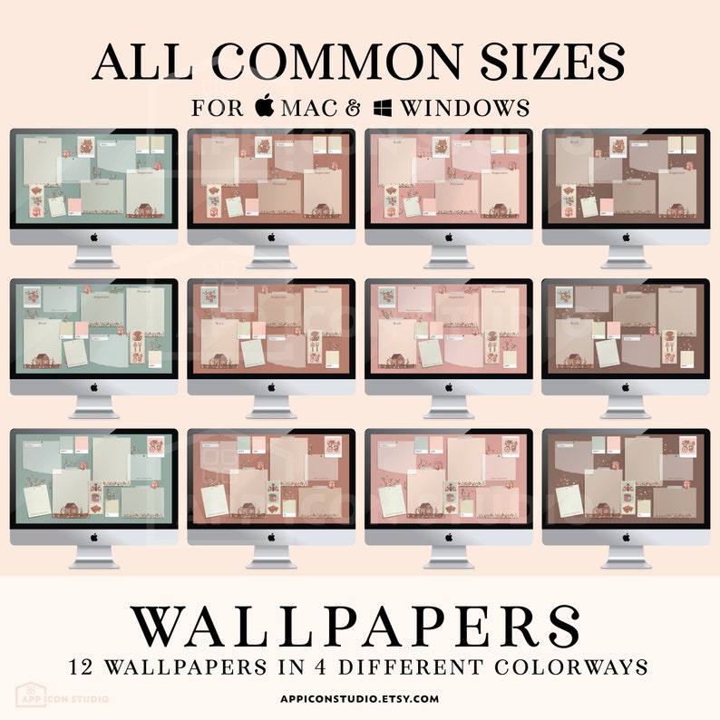 May include: Twelve desktop wallpapers in four different colorways. The wallpapers feature a vintage aesthetic with a collage of images and text. The text reads "ALL COMMON SIZES FOR MAC & WINDOWS WALLPAPERS 12 WALLPAPERS IN 4 DIFFERENT COLORWAYS APPICONSTUDIO.ETSY.COM".