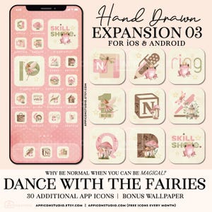 May include: A digital art display showing a phone with custom app icons in a soft pink colour scheme. The icons have a fairy theme with mushrooms, frogs, and other whimsical elements. Text reads "Hand Drawn Expansion 03" and "Dance with the Fairies".