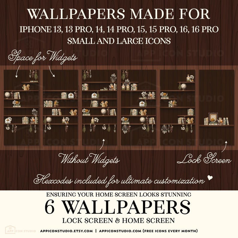 Bookshelf iPhone Theme Bookshelves Wallpaper iOS Book Background Dark Library Academia App Icons Book Club Phone Gift for Reader Bookish Home Screen Dark Bookshelf Goblincore Cozy Autumn Wallpaper Shelf Background iOS 18 by App Icon Studio, by AppIconStudio
