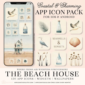 May include: A digital app icon pack featuring coastal themes including seagulls, seashells, beach houses, and plants in soft beige and blue tones. The set includes 120 icons, widgets, and wallpapers for iOS and Android, with text reading Coastal & Charming APP ICON PACK, SEASHELLS & SUNSETS, and THE BEACH HOUSE.