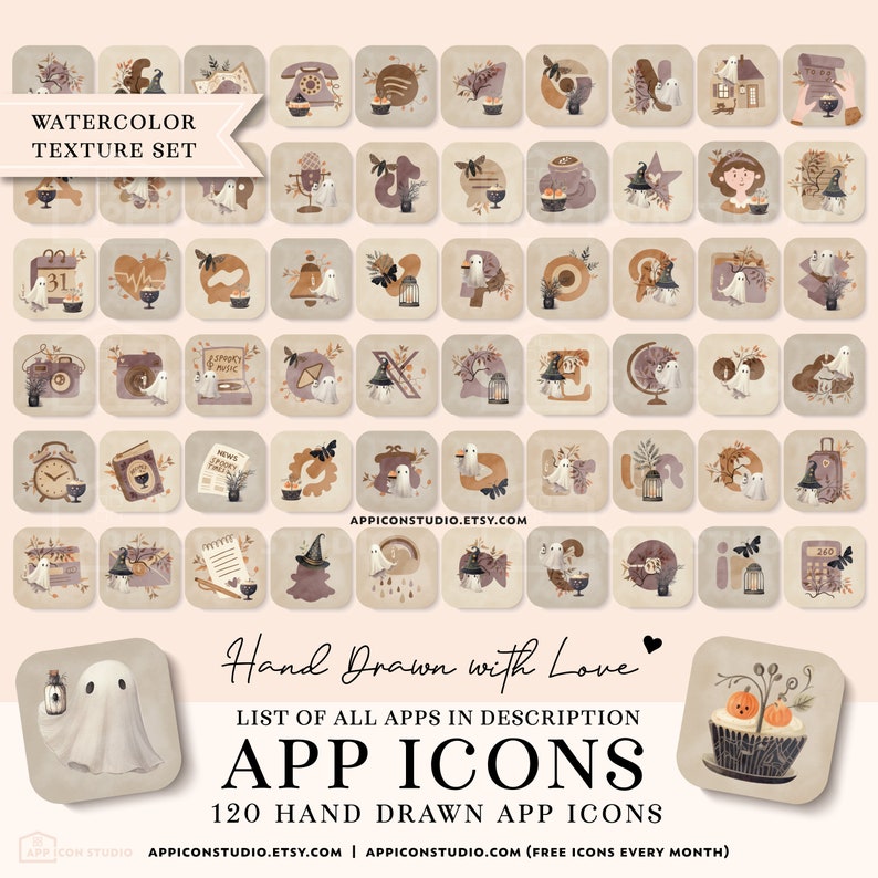 Cute Halloween Aesthetic App Icon Bundle with little ghosts, including Icons, Widgets, Wallpapers and Installation Guides for iOS and Android. A lovely Watercolor Texture makes these app icons and wallpapers unique and special.