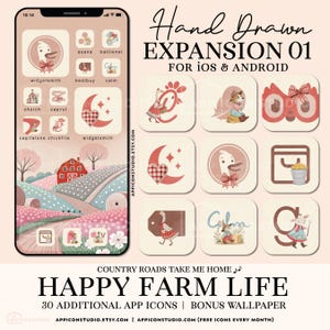 May include: A digital phone screen displaying a collection of 30 hand-drawn app icons with a farm theme. The icons are in a grid pattern and feature images of a rooster, a duck, a barn, a moon, and a calendar. The text "Happy Farm Life" is displayed at the bottom of the screen.