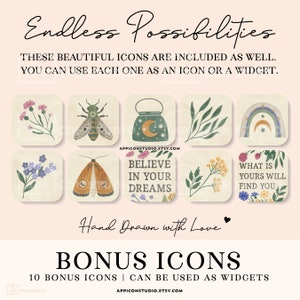 This Watercolor Aesthetic Wildflower App Icon Pack comes with Icons, Widgets and Wallpapers. Use it to customize your Home Screen and to create a whole new look of your device. An easy to understand Installation Guide with Images is included.