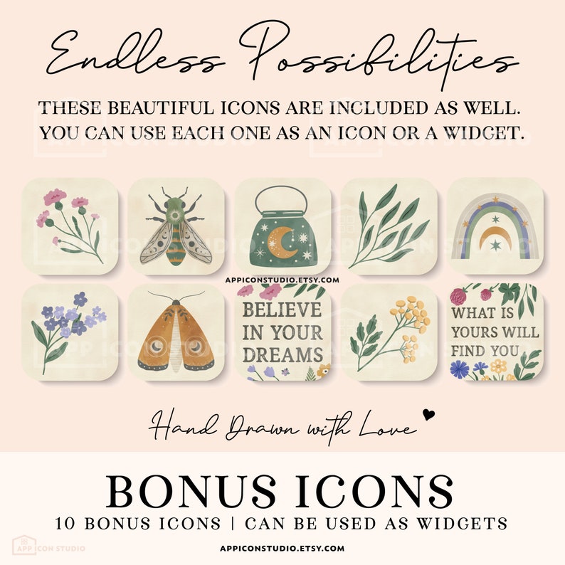 This Watercolor Aesthetic Wildflower App Icon Pack comes with Icons, Widgets and Wallpapers. Use it to customize your Home Screen and to create a whole new look of your device. An easy to understand Installation Guide with Images is included.