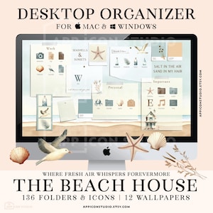 Könnte beinhalten: Ein Desktop-Organizer-Set für Mac und Windows mit 136 Ordnern, Symbolen und 12 Hintergrundbildern. Die Anzeige zeigt eine Benutzeroberfläche im Strand-Design mit Muscheln, Möwen und Sand sowie den Text The Beach House.