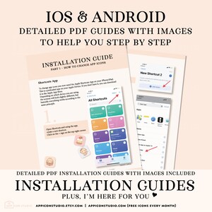 Pu&ograve; includere: Una grafica rosa e bianca con il testo "IOS & ANDROID" in nero. Il testo "DETAILED PDF GUIDES WITH IMAGES TO HELP YOU STEP BY STEP" &egrave; anche in nero. Il testo "INSTALLATION GUIDE" &egrave; in nero con uno sfondo bianco. Il testo "PART 1 - HOW TO CHANGE APP ICONS" &egrave; in nero con uno sfondo bianco. Il testo "Shortcuts App" &egrave; in nero con uno sfondo bianco. Il testo "To change app icons you now need the Apple Shortcuts App on your iPhone/iPad. This is a preloaded app on your Apple Device. If you don't have it, you can download it in the Apple App Store." &egrave; in nero con uno sfondo bianco. Il testo "Depending on which device you are using, the screens will look slightly different, but basically everything works according to the same principle." &egrave; in nero con uno sfondo bianco. Il testo "1." &egrave; in nero con uno sfondo bianco. Il testo "Open Shortcuts and using the app, create a new shortcut. Click on the + sign on the top right corner." &egrave; in nero con uno sfondo bianco. Il testo "All Shortcuts" &egrave; in nero con uno sfondo bianco. Il testo "New Shortcut 2" &egrave; in nero con uno sfondo bianco. Il testo "Create a shortcut to add actions you do in your apps every day." &egrave; in nero con uno sfondo bianco. Il testo "Add Action" &egrave; in nero con uno sfondo bianco. Il testo "DETAILED PDF INSTALLATION GUIDES WITH IMAGES INCLUDED" &egrave; in nero con uno sfondo bianco. Il testo "INSTALLATION GUIDES" &egrave; in nero con uno sfondo bianco. Il testo "PLUS, I'M HERE FOR YOU" &egrave; in nero con uno sfondo bianco. Il testo "APP ICON STUDIO" &egrave; in nero con uno sfondo bianco. Il testo "APPICONSTUDIO.ETSY.COM | APPICONSTUDIO.COM (FREE ICONS EVERY MONTH)" &egrave; in nero con uno sfondo bianco.